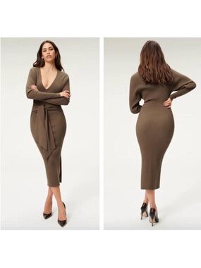 NWT Good American Belted Ribbed Knit Sweater Dress Sepia Size 1/2 Small / Medium